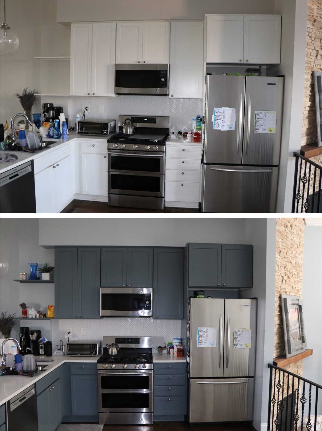 White kitchen cabinets repainted slate blue