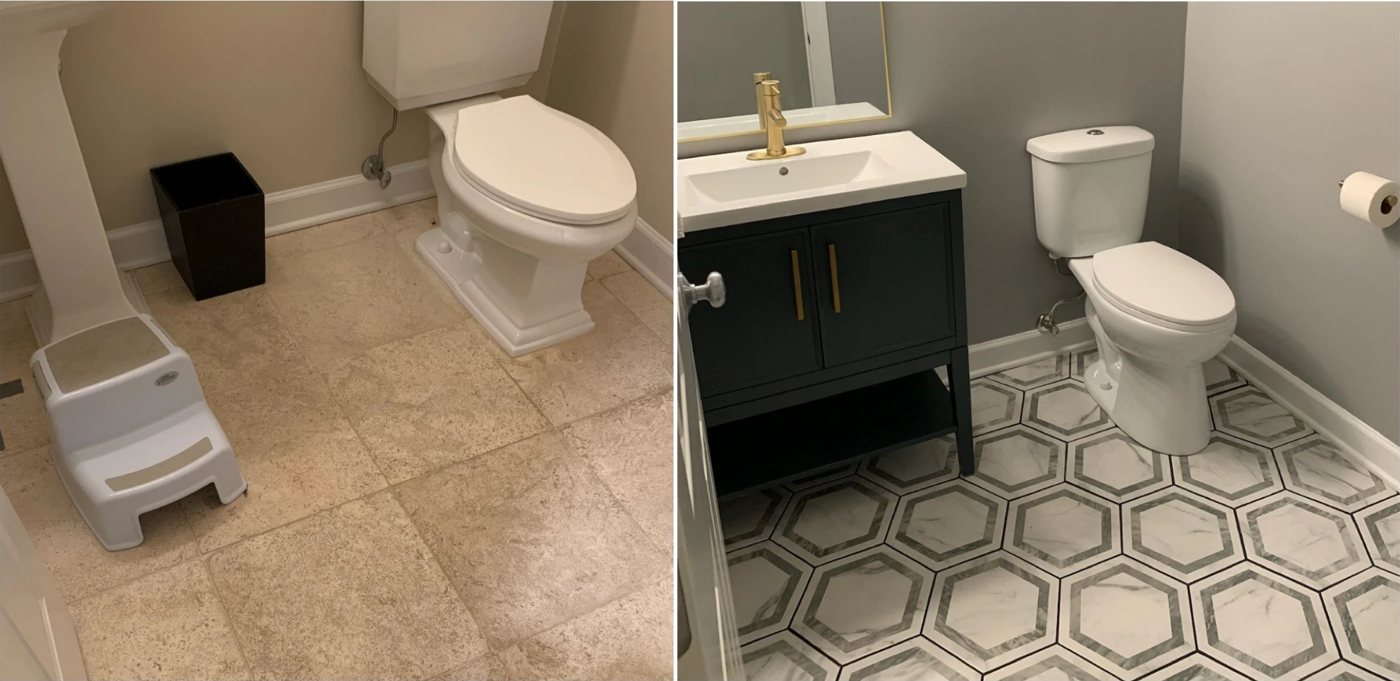 Powder room before and after new vanity and hex tile